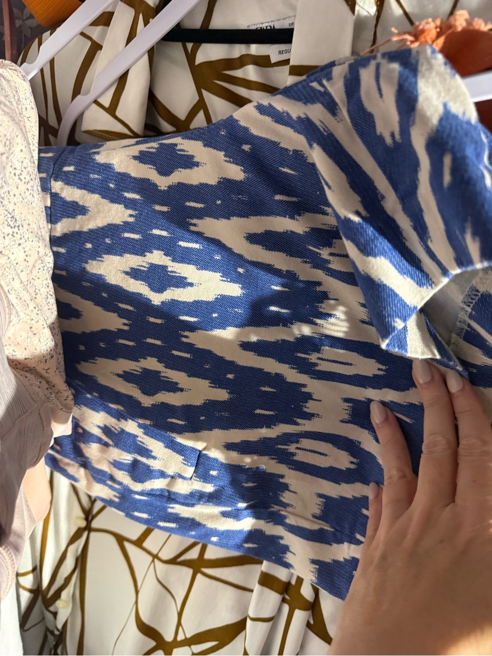 J. Crew Blue and Cream Ikat-Style Crop Top
